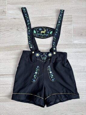 Oktoberfest Lederhosen Costume Shorts Black with Floral Embroidery Medium